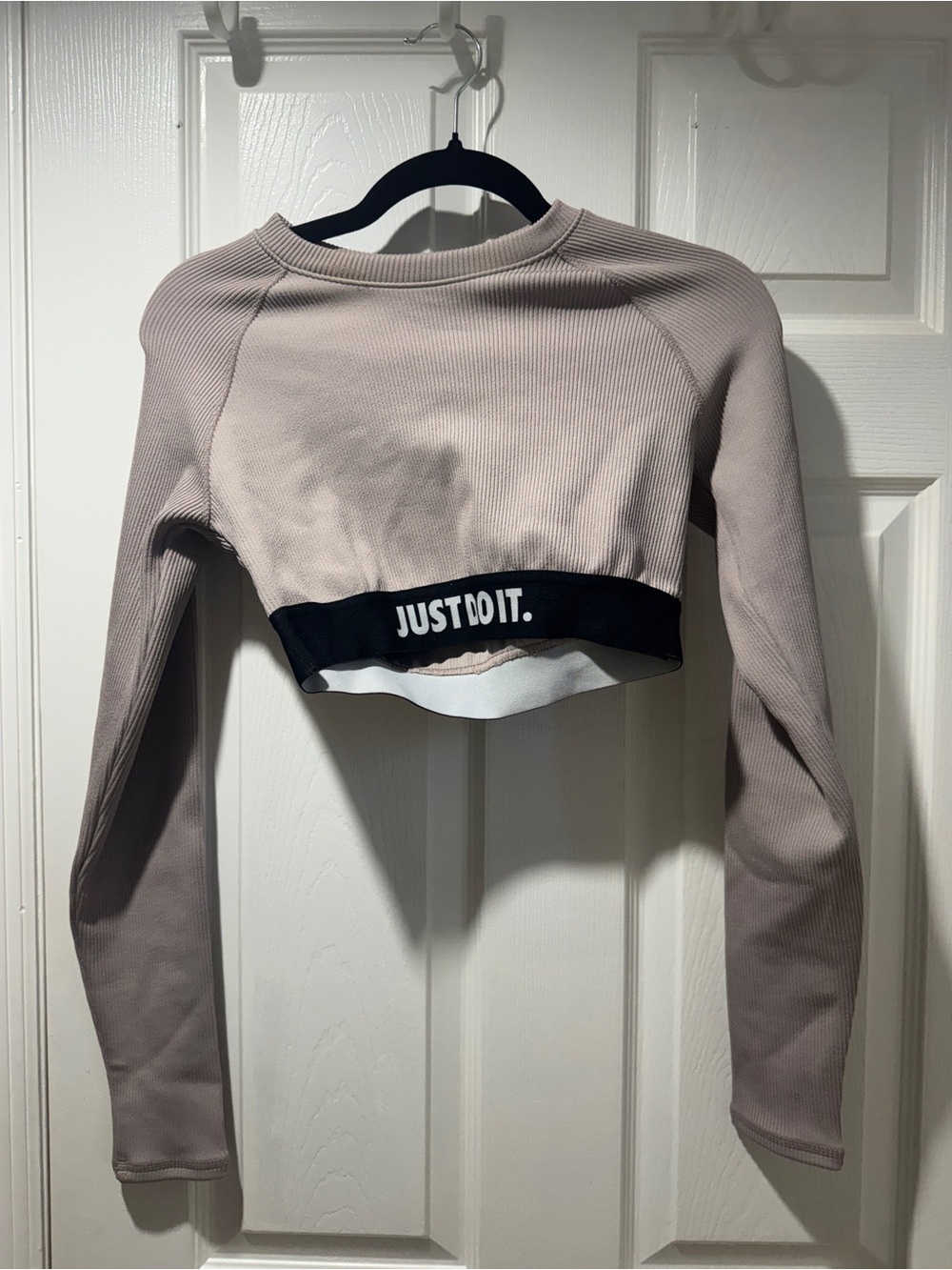 Nike Taupe Cropped Long-Sleeve Top with Black 'JUST DO IT.' Band